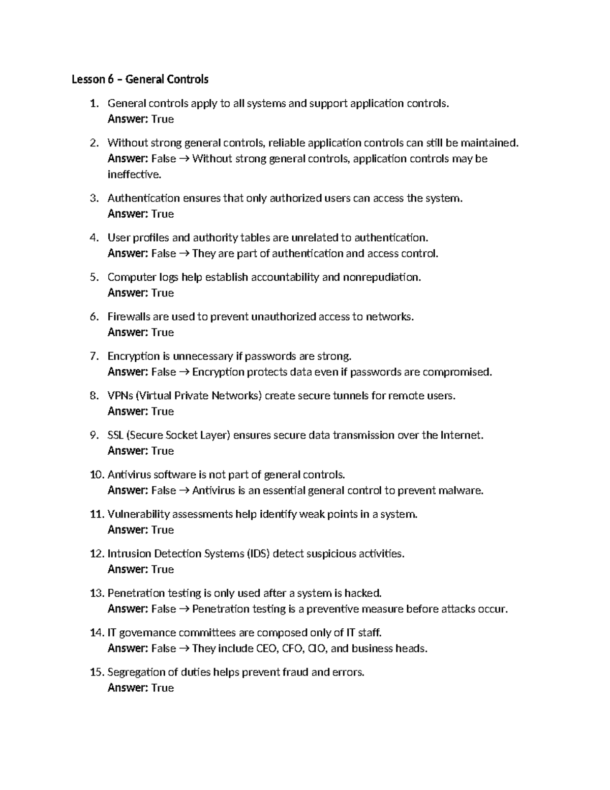 CIS 101: Lesson 6 & 7 Test Bank on General Controls and Exposures - Studocu