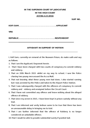 Affidavit in Support of Bail Pending Appeal - Suit No. [Insert Suit No ...