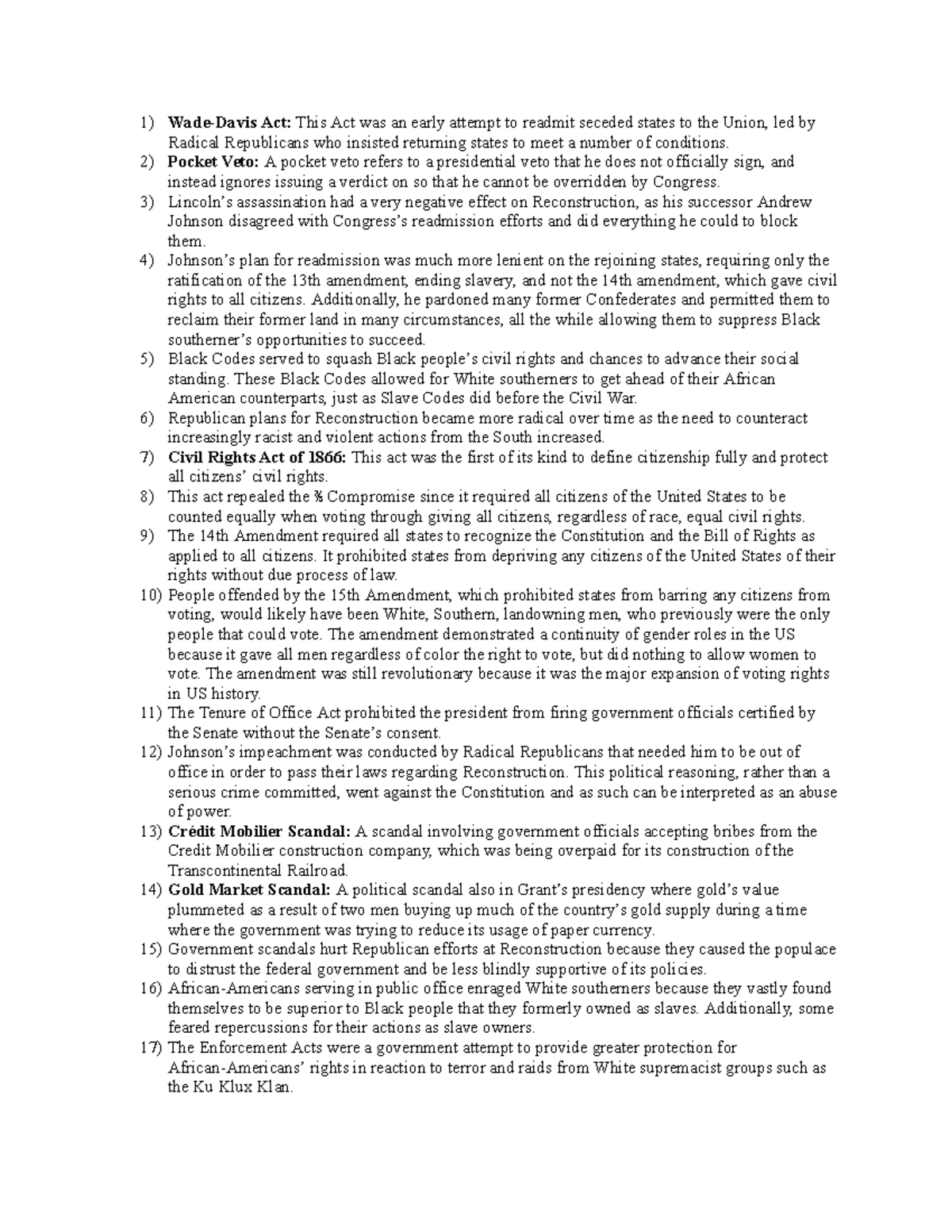 Reconnotes Answer - Wade-Davis Act: This Act was an early attempt to ...