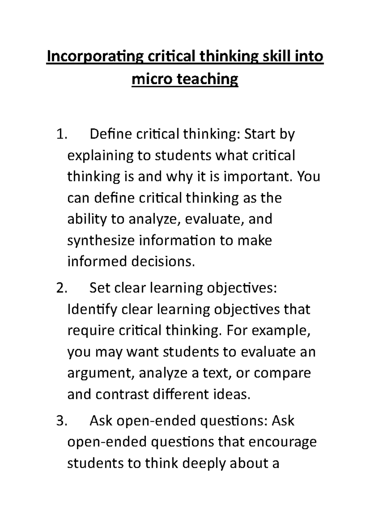 Incorporating Critical Thinking Skills in Micro Teaching (MT1) - Studocu