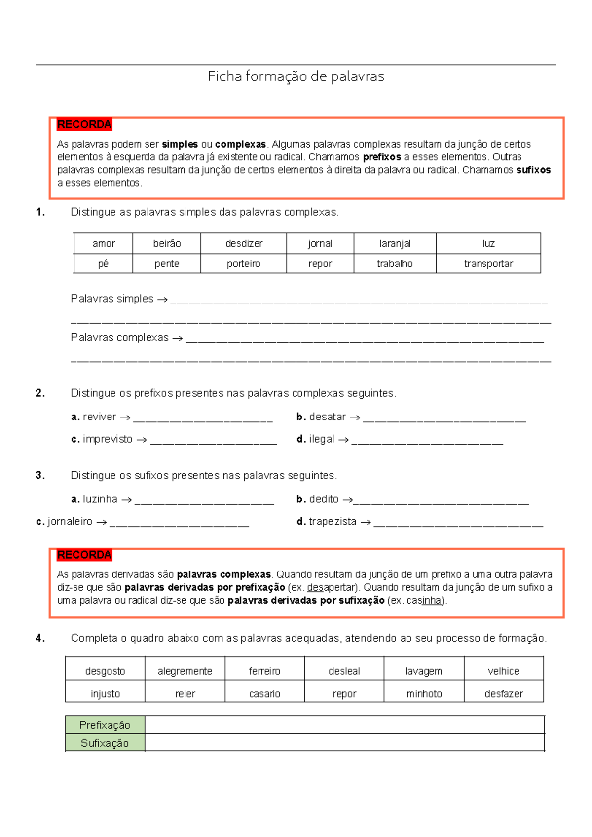 Ficha de Formação de Palavras - Português 5º Ano - Studocu