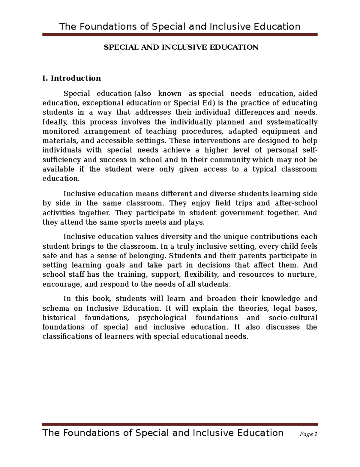 Foundations of Special and Inclusive Education (SPED 101) - Studocu