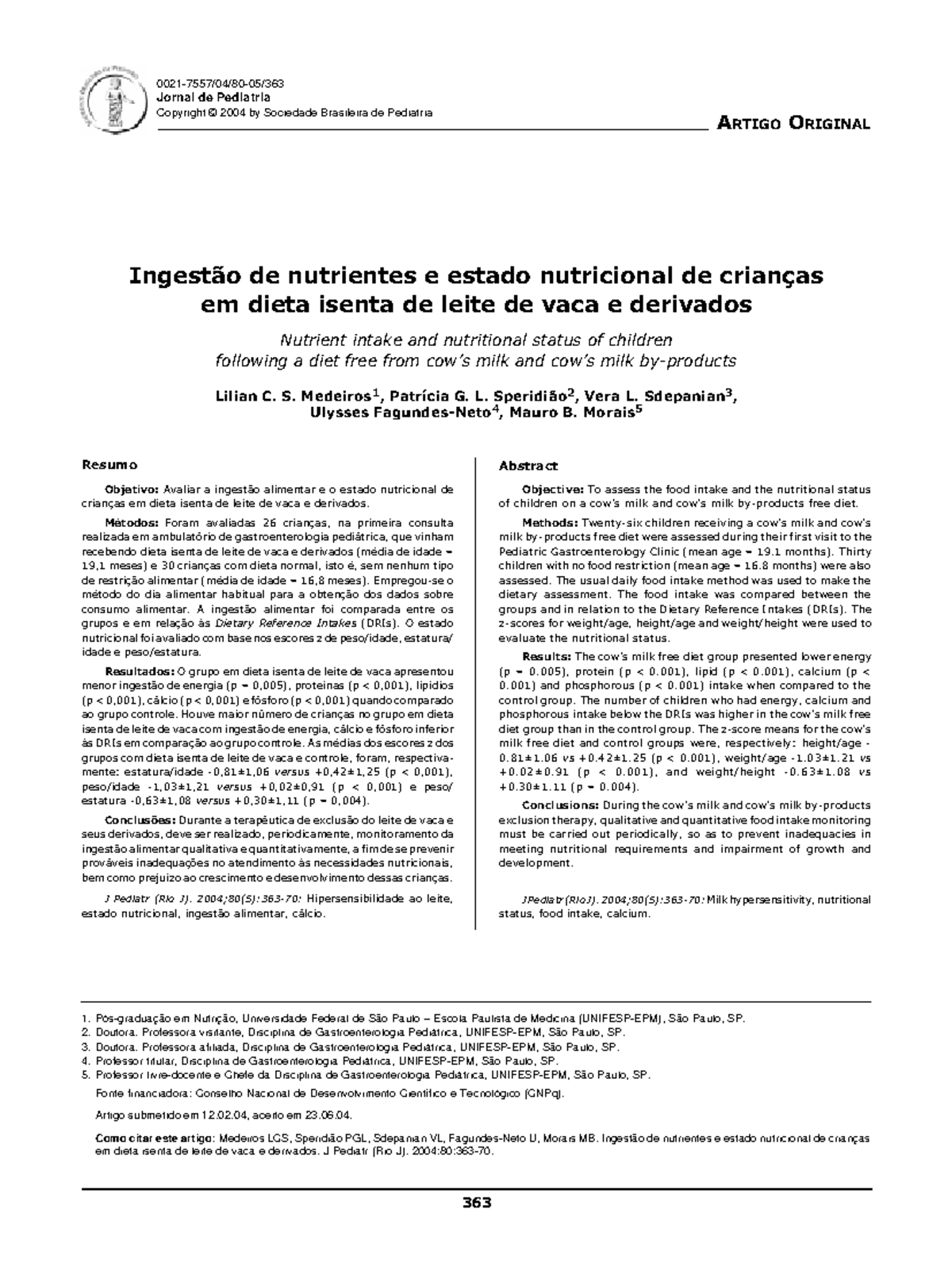 Artigo 1 - Ingestão de nutrientes e estado nutricional de crianças em ...
