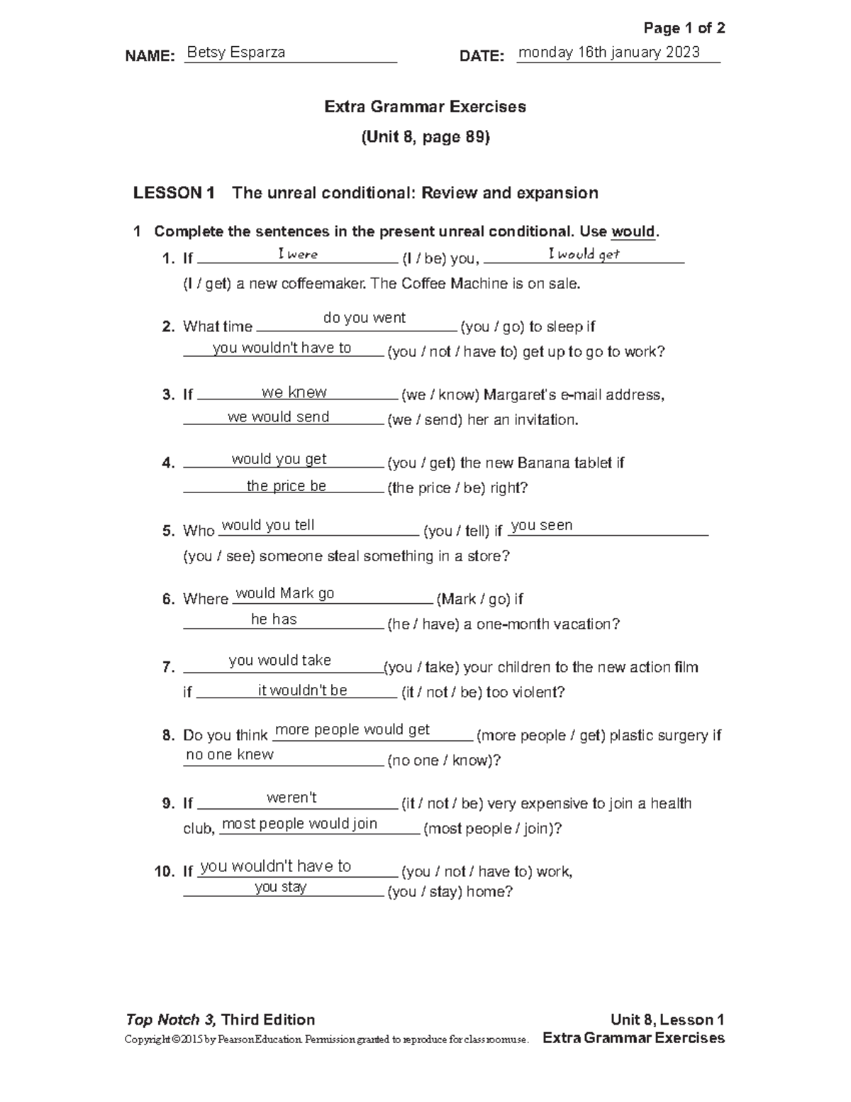 UNIT 08 Extra Gram Exercises lesson 1 - NAME ...
