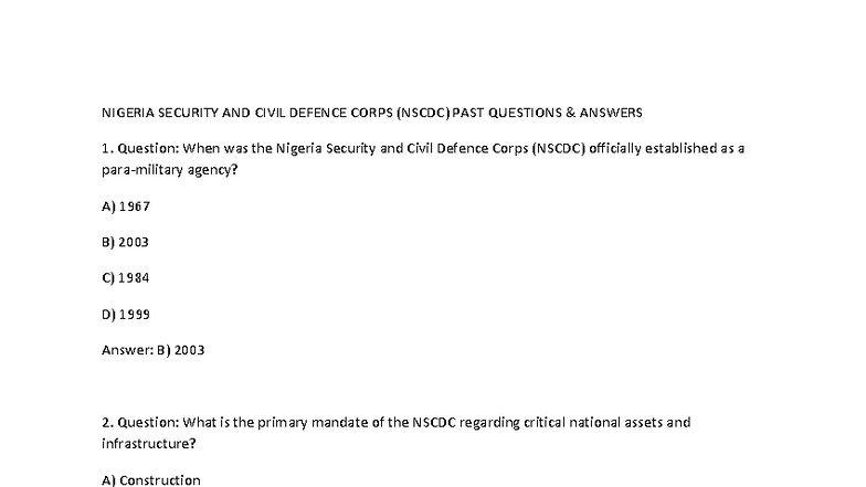 NSCDC Civil Defence Past Questions and Answers - Studocu