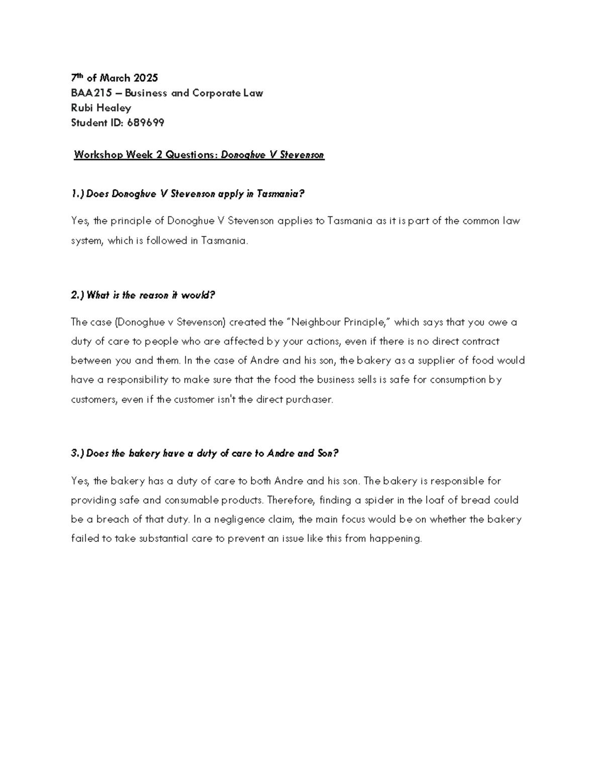 Workshop week 2 Questions - 7 th of March 2025 BAA215 – Business and ...