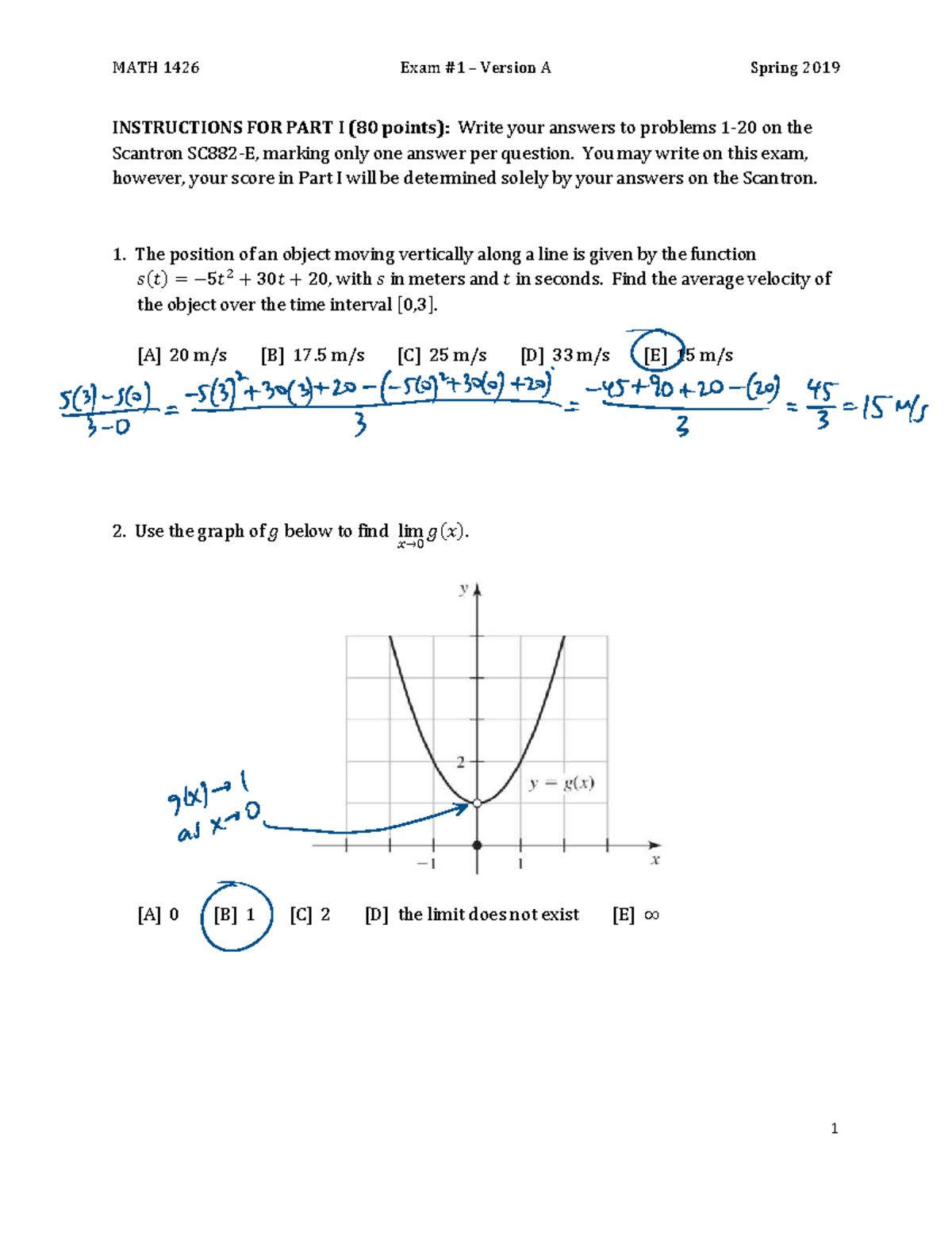 MATH 1426 Exam 1 Spring 2019 Version A Solutions - Studocu