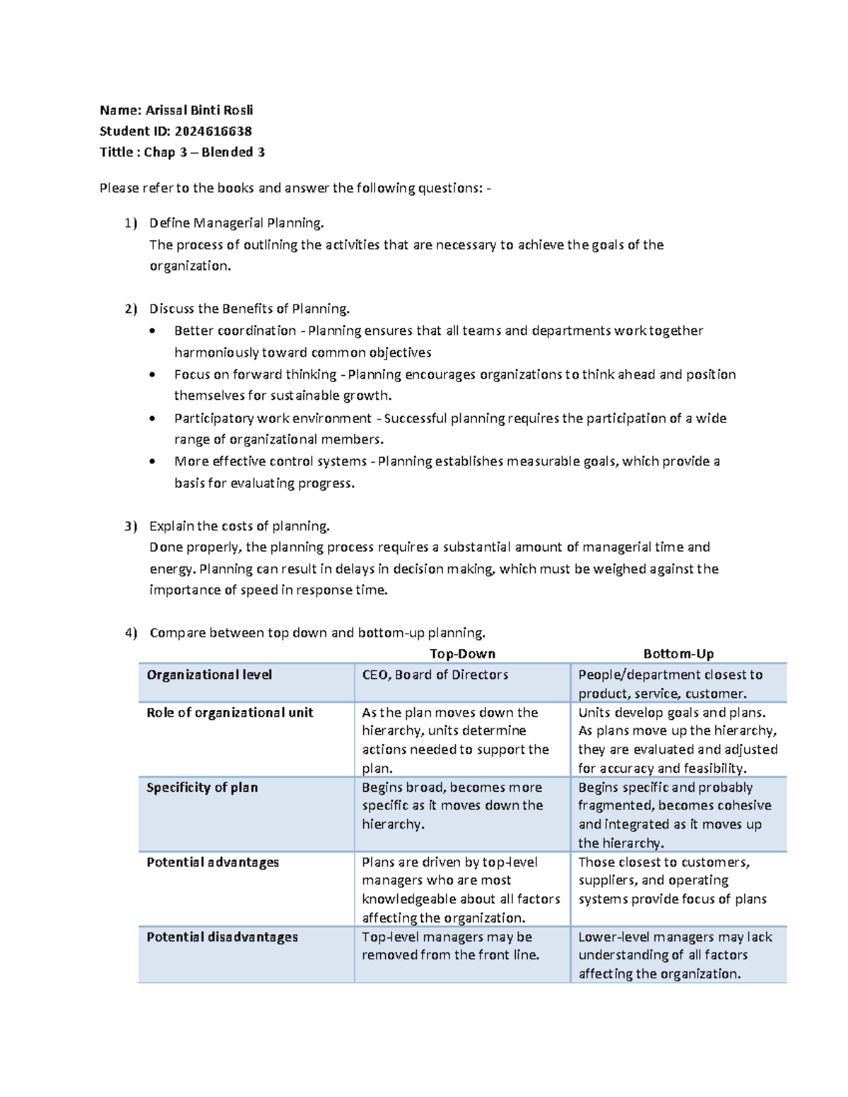 Blended 3 - Chapter 3: Managerial Planning and Its Benefits - Studocu