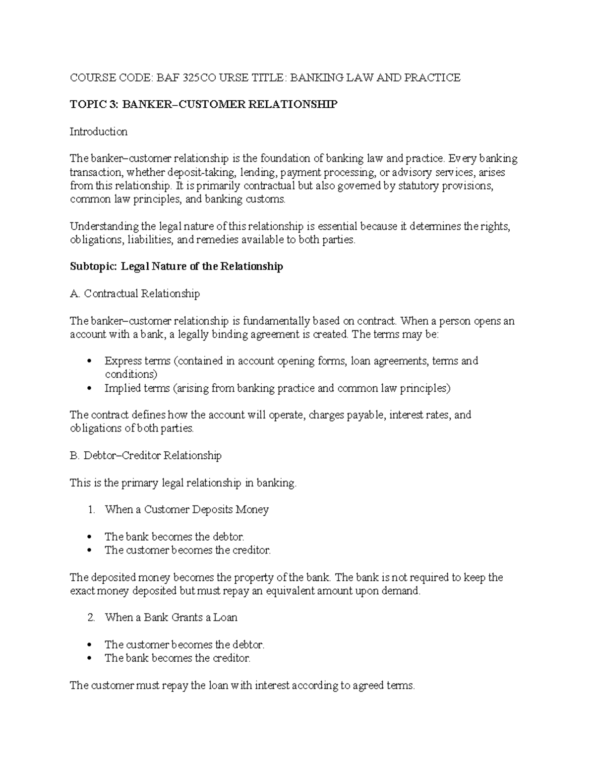 BAF 325: Banking Law and Practice - Topics 3, 4, 5 Overview - Studocu