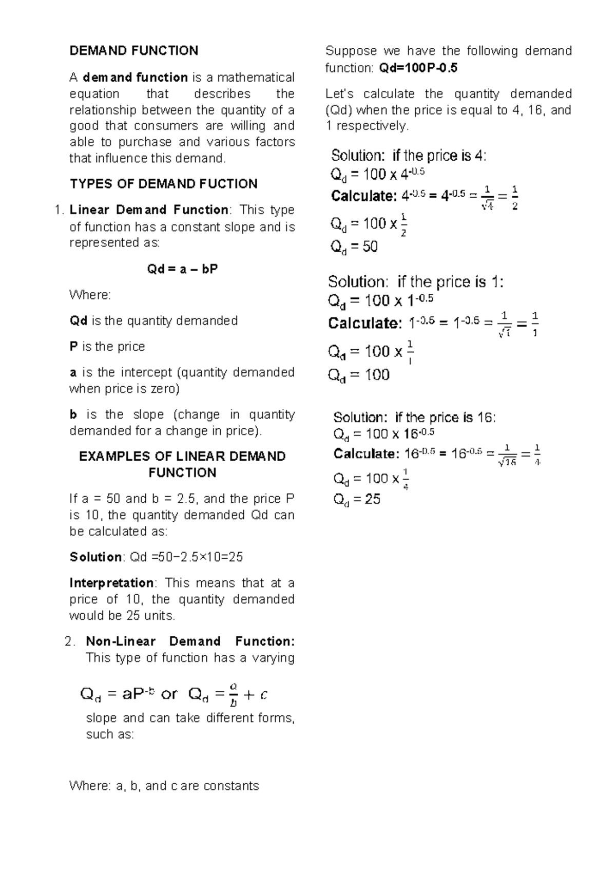 Demand Function Notes: Understanding Linear & Supply Functions - Studocu