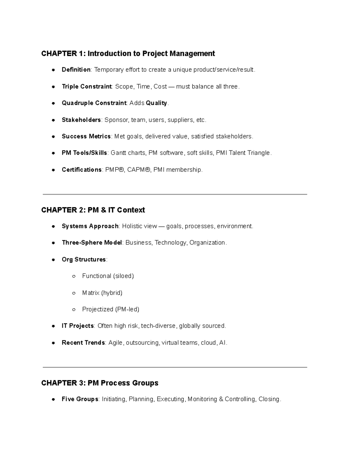 ITEC 3505: Summary of Project Management Concepts and Processes - Studocu