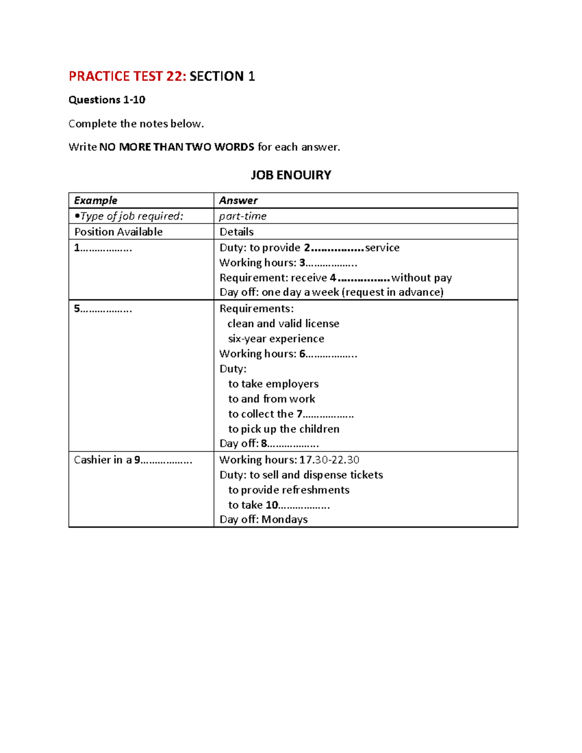 Listening Practice Test 22: Section 1-4 Questions and Answers - Studocu