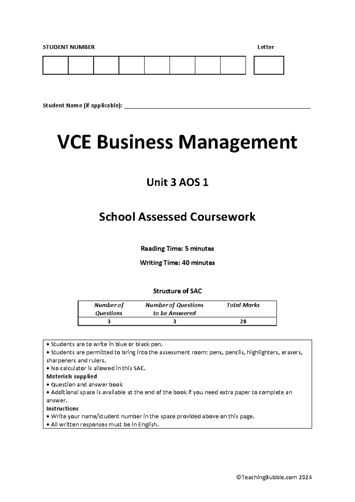 Practice SAC 1 TB - VCE Business Management Unit 3 AOS 1 - Studocu