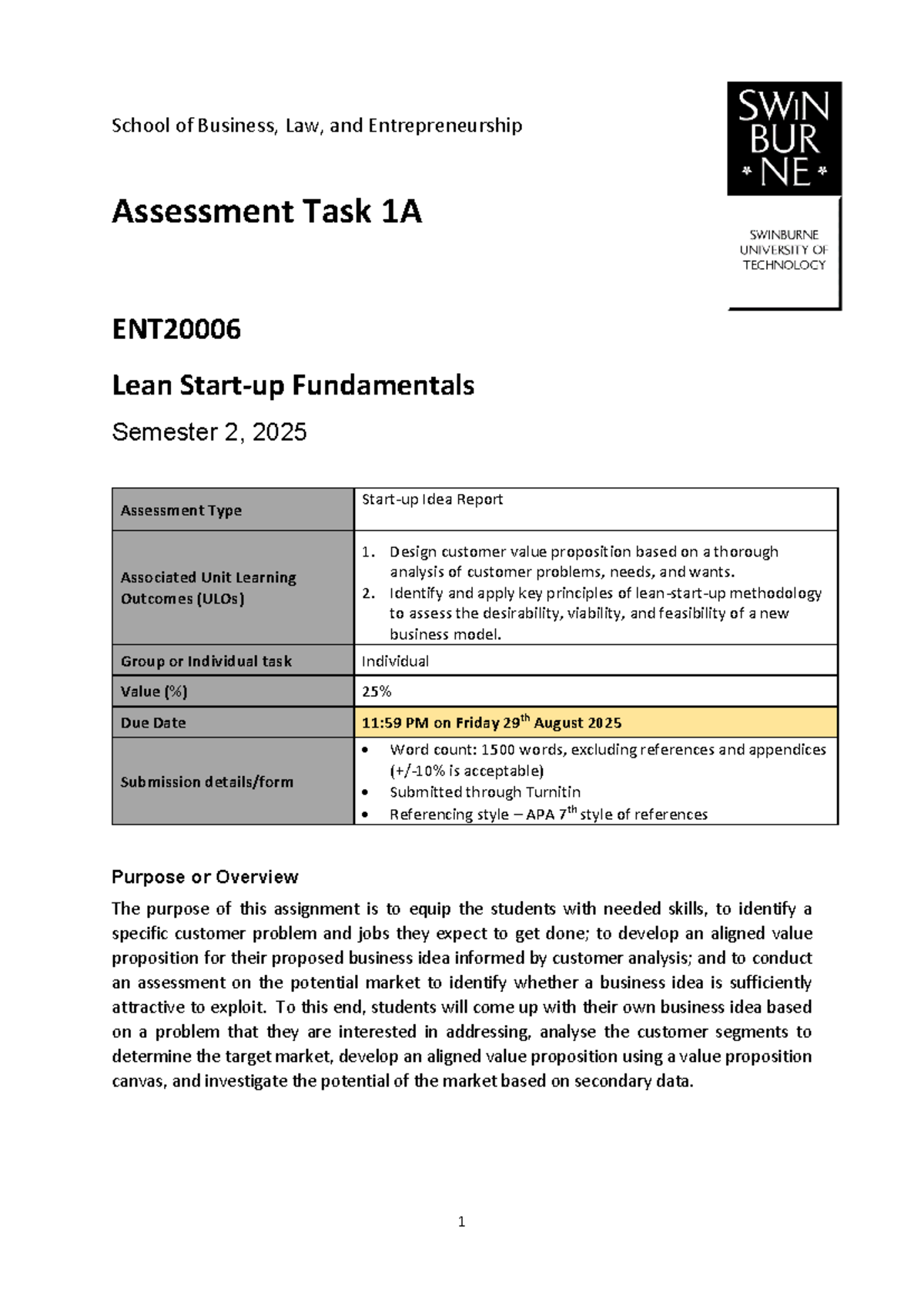 Assessment Task 1A: Lean Fundamentals Idea Report for ENT2000 HS2 2025 ...