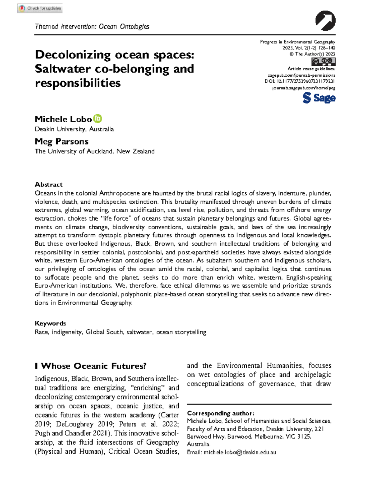 Decolonizing Ocean Spaces: Saltwater Co-Belonging and Responsibilities ...