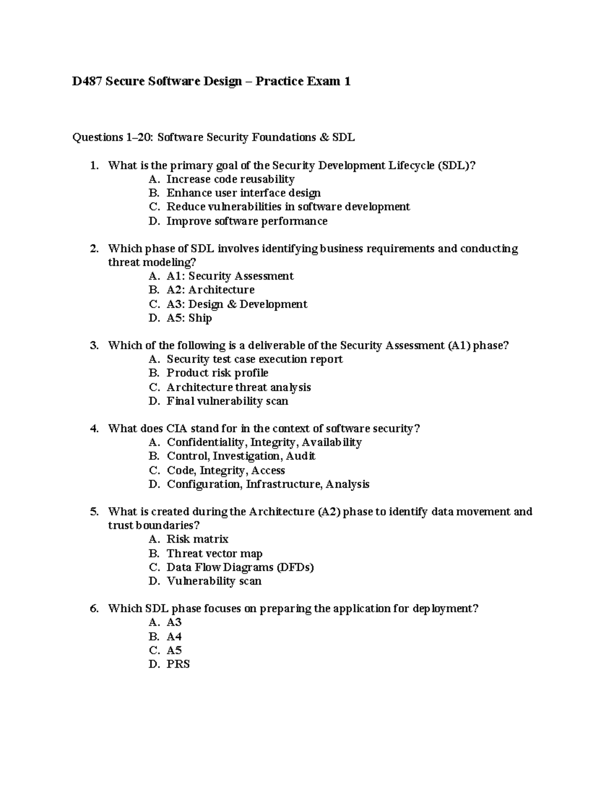 D487 Secure Software Design Practice Exam 1 Questions and Answers - Studocu