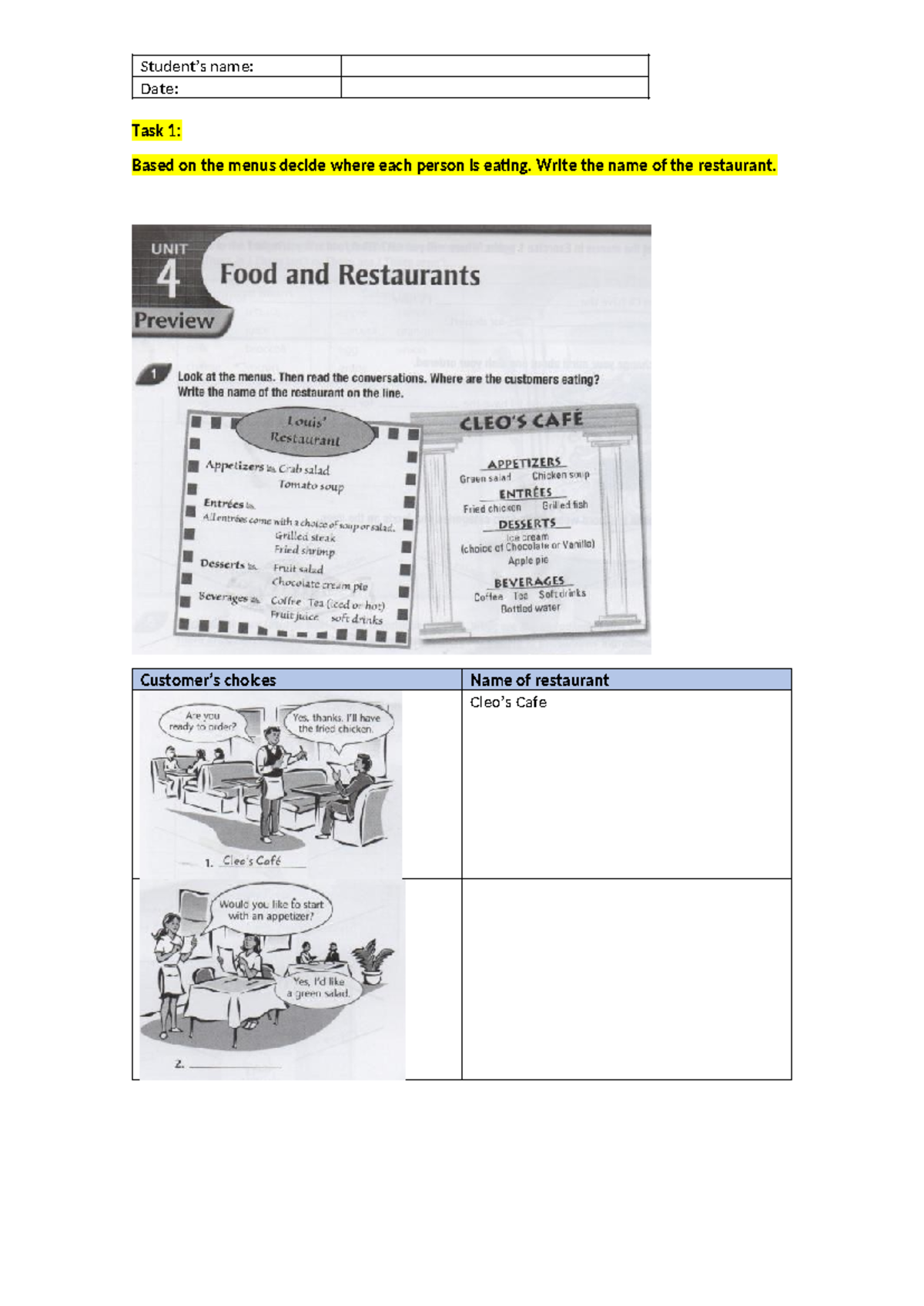 English Language Tasks: Restaurant Choices & Grammar Exercises - Studocu