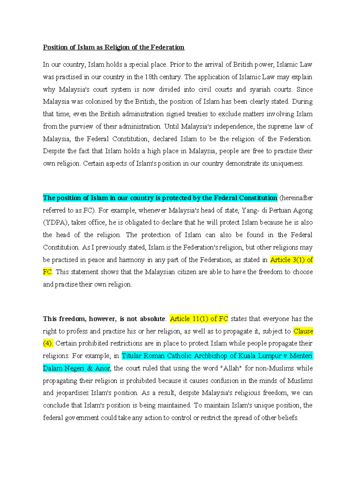 Islam's Unique Position in Malaysia's Federal Constitution: A Study ...
