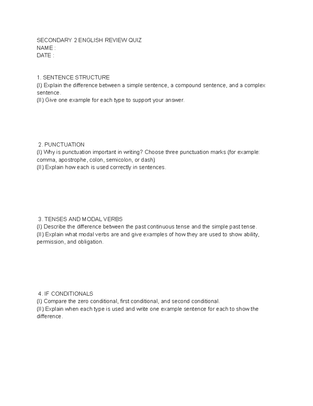 Secondary 2 English Review Quiz: Key Concepts and Writing Tips - Studocu