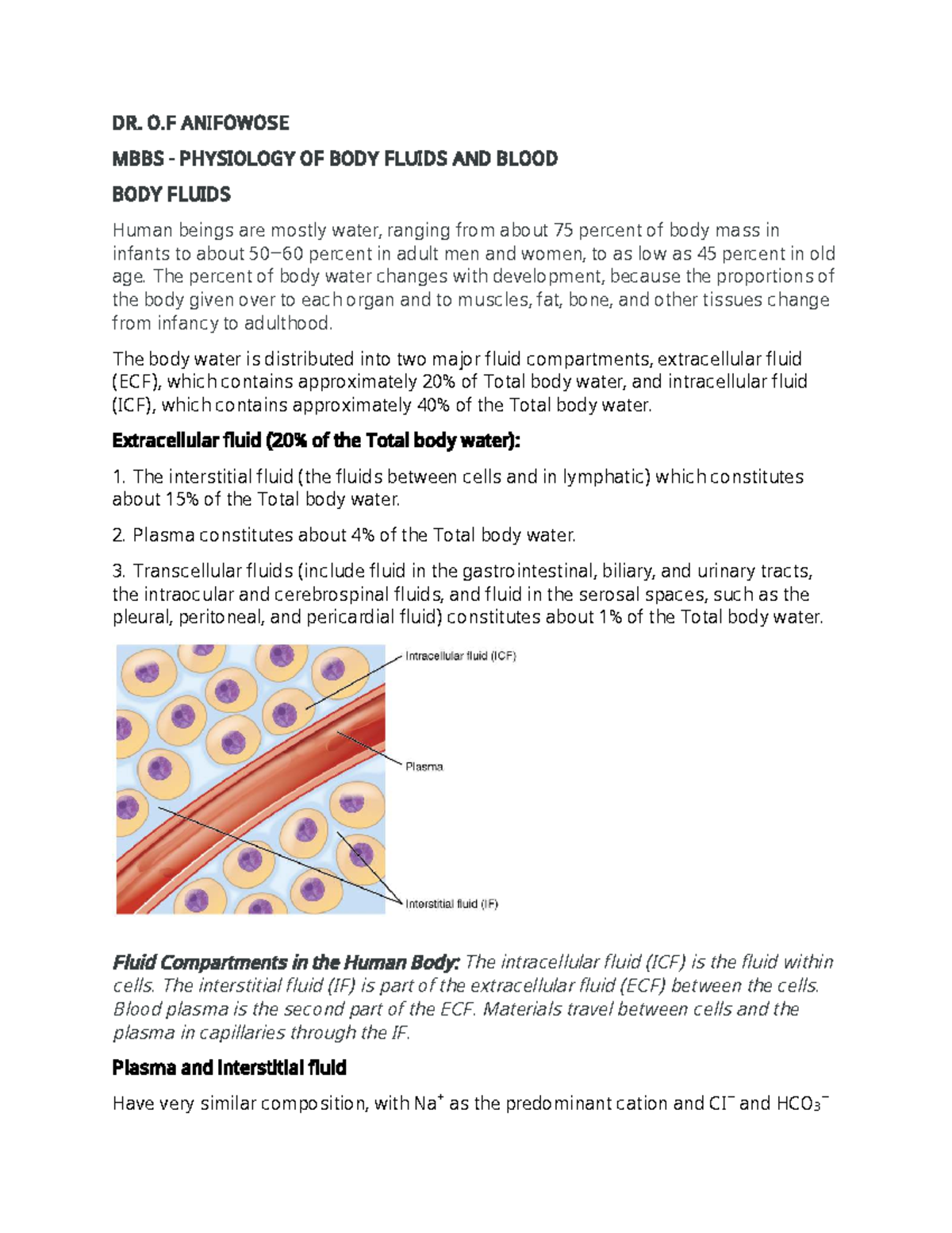 Body Fluids and Blood - Lecture Notes (MBBS PHYSIOLOGY) - Studocu