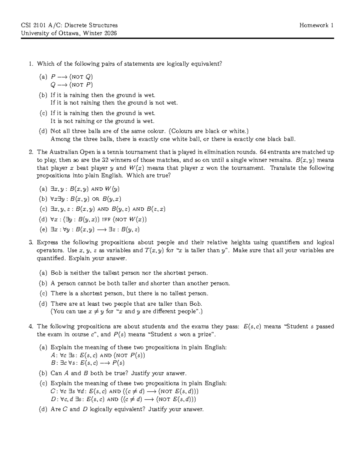 CSI 2101 - Winter 2026 Discrete Structures Homework 1 Solutions - Studocu