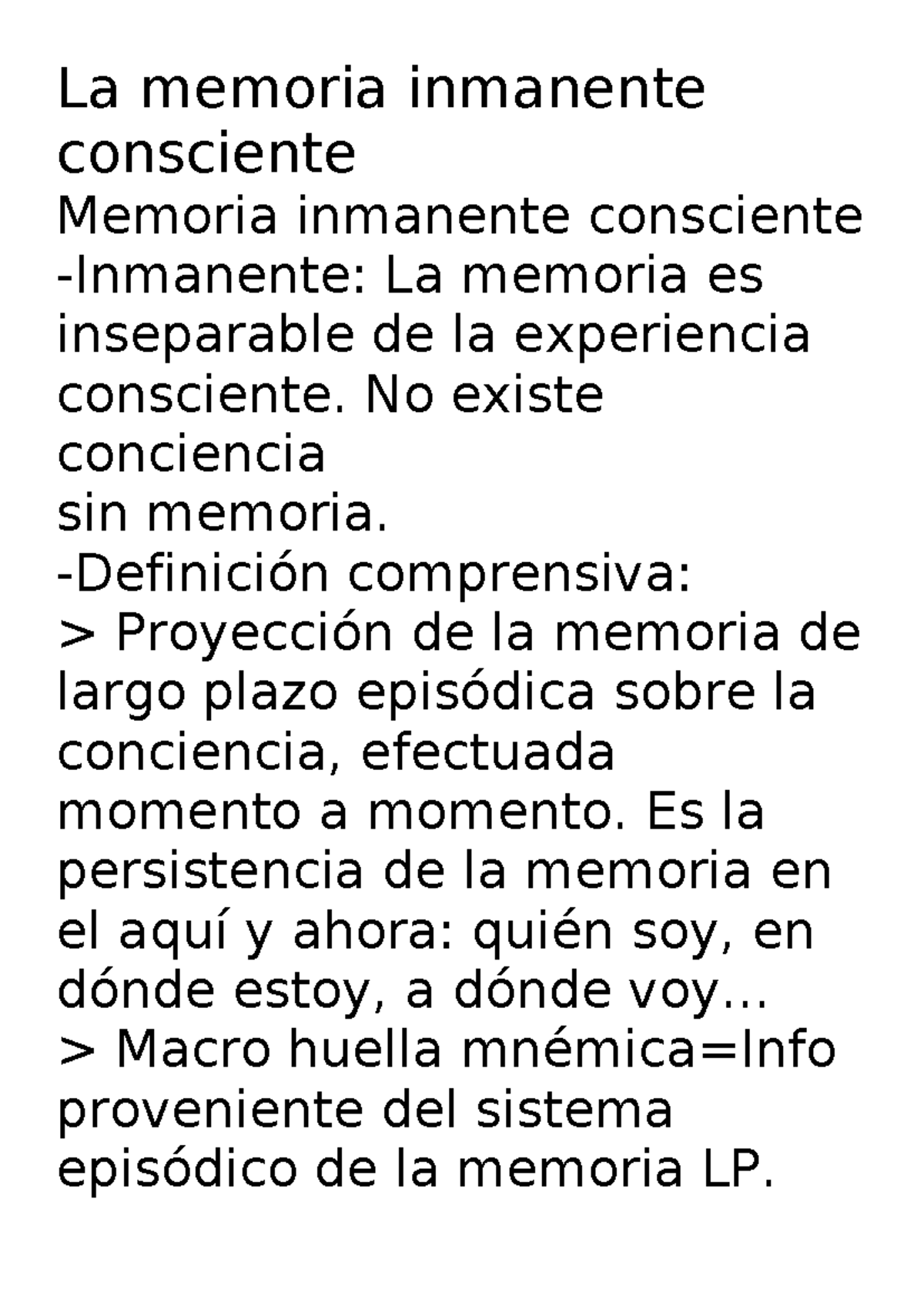 Memoria Inmanente Consciente (MIC) en la Cognición Humana - UBA - Studocu