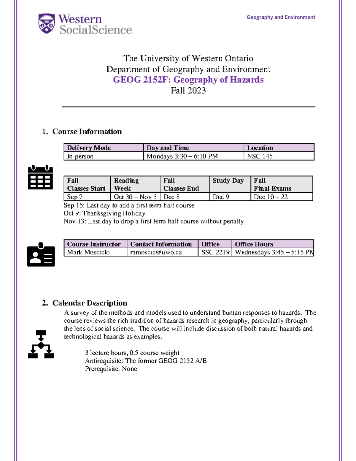 GEOG 2152F Geography of Hazards Course Outline - Fall 2023 - Studocu