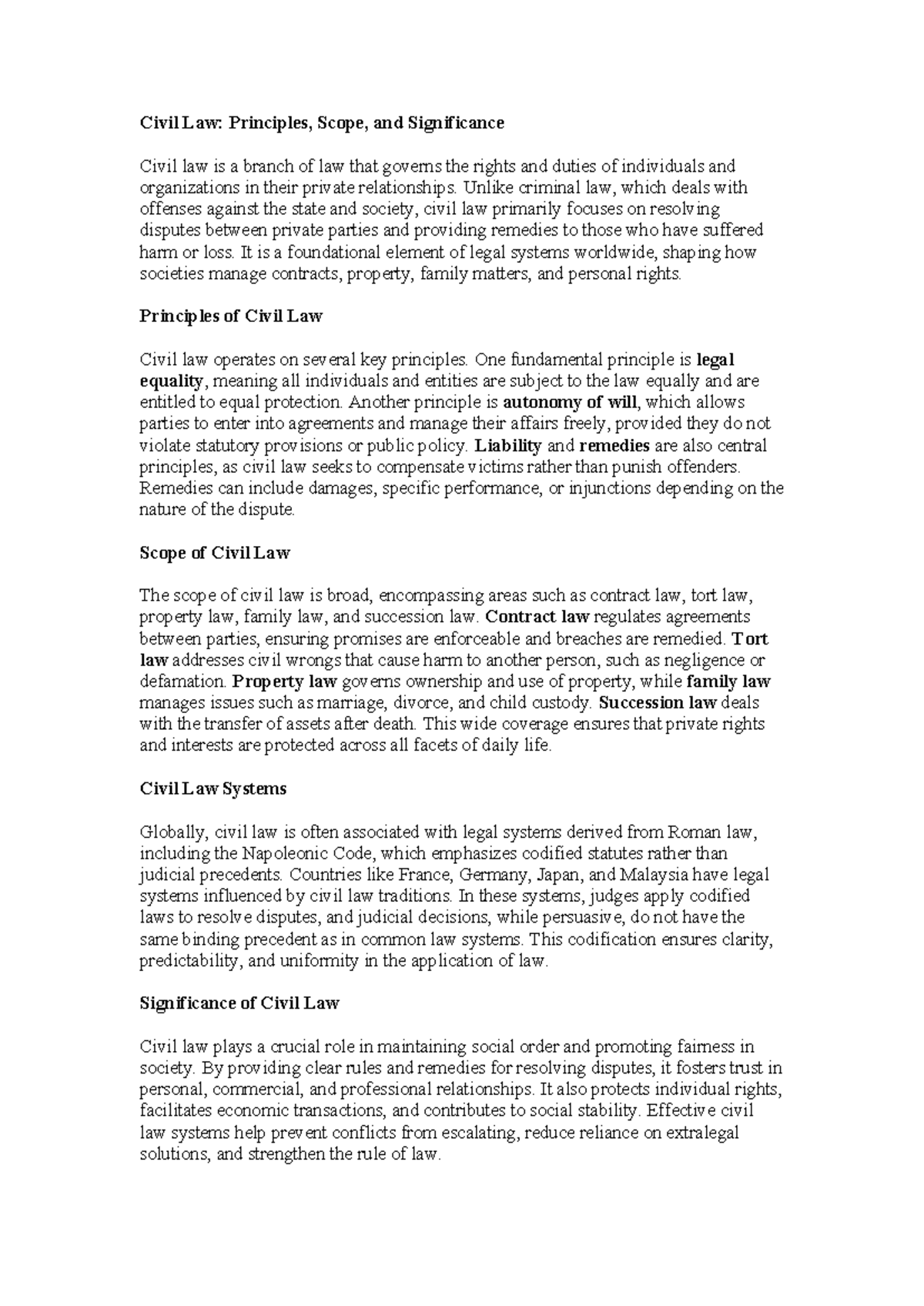 Civil Law: Principles, Scope, and Significance Overview - hhkk - Studocu
