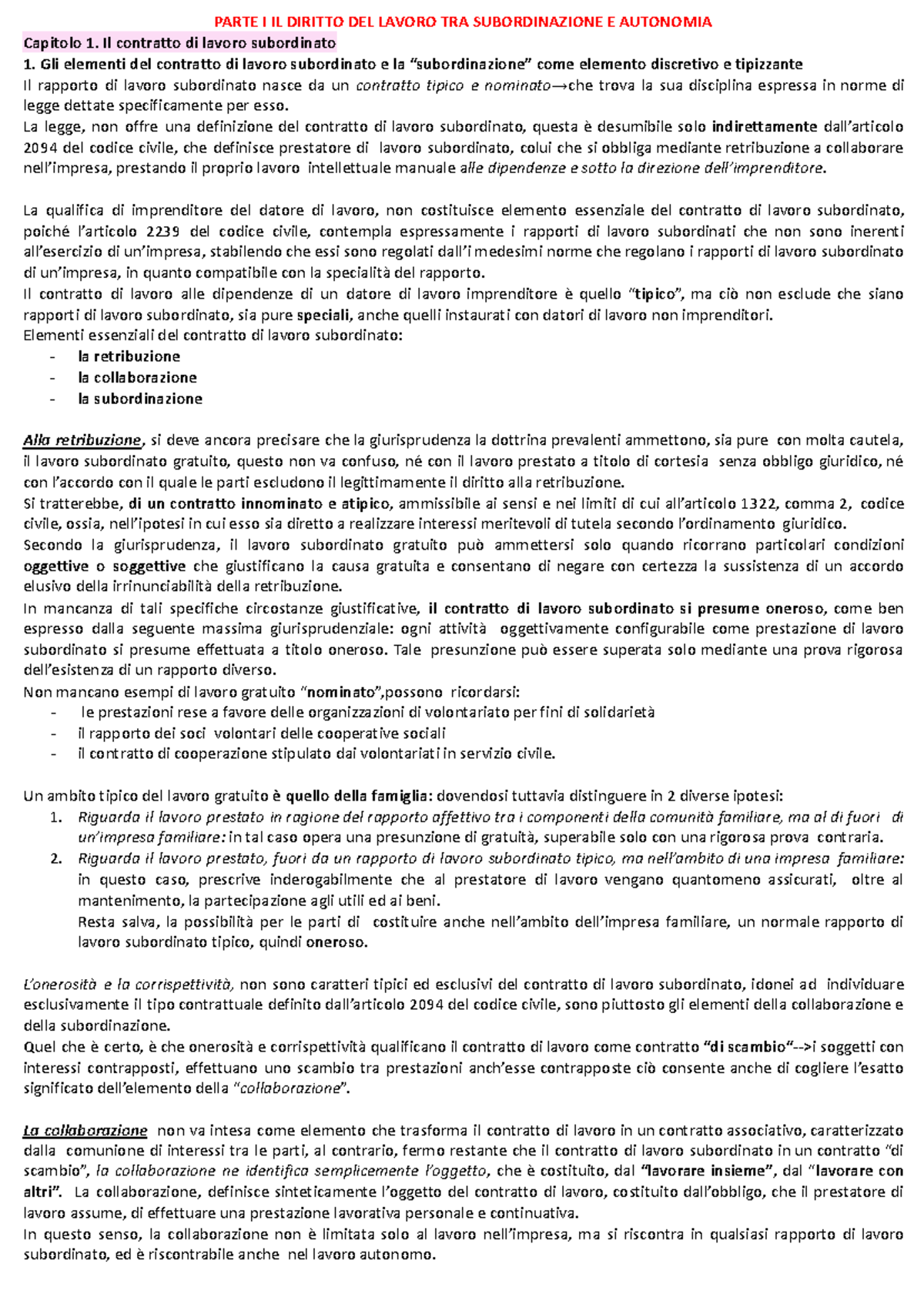 Diritto del Lavoro: Contratti Subordinati e Autonomia (Corso 1-2-3-5) - Document Preview