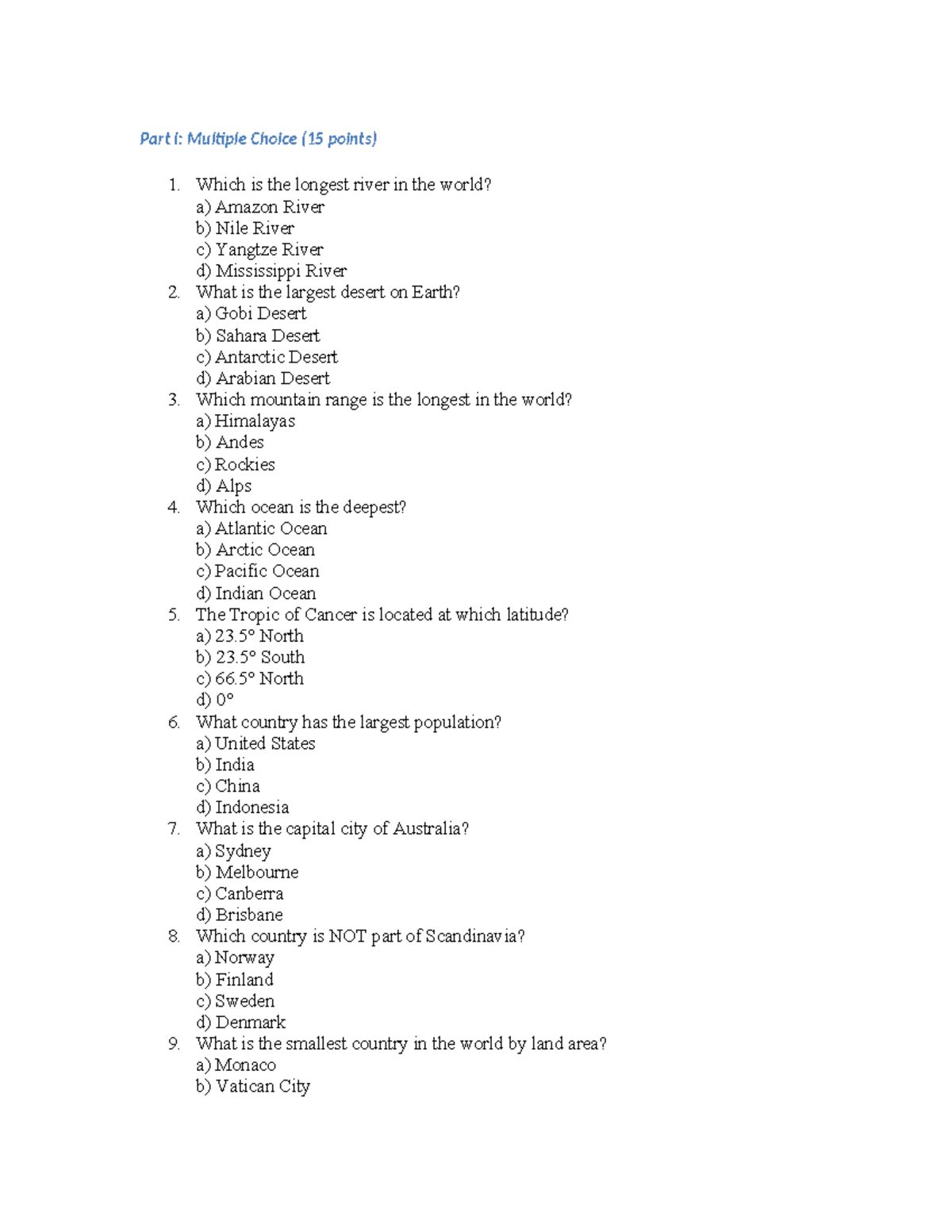Geography Assignment - computer - Part I: Multiple Choice (15 points) 1 ...