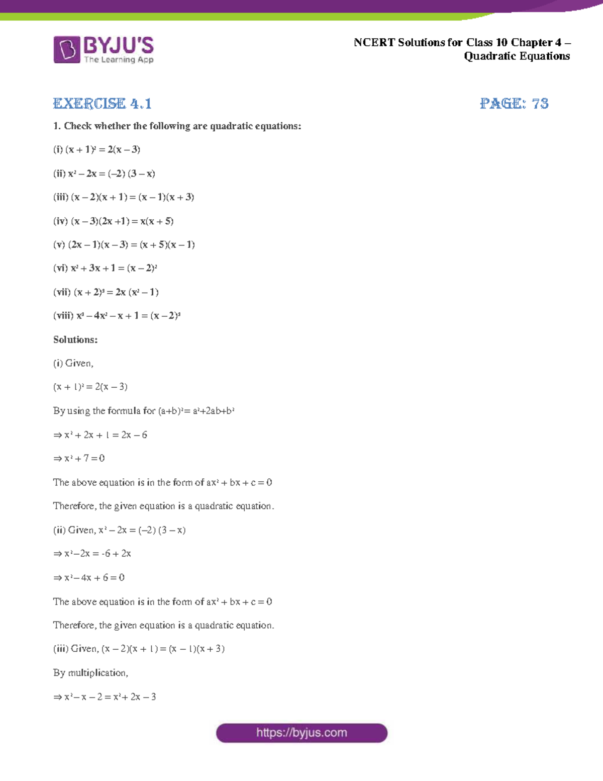 Ncert Solutions for Class 10 Chapter 4 – Quadratic Equations ...