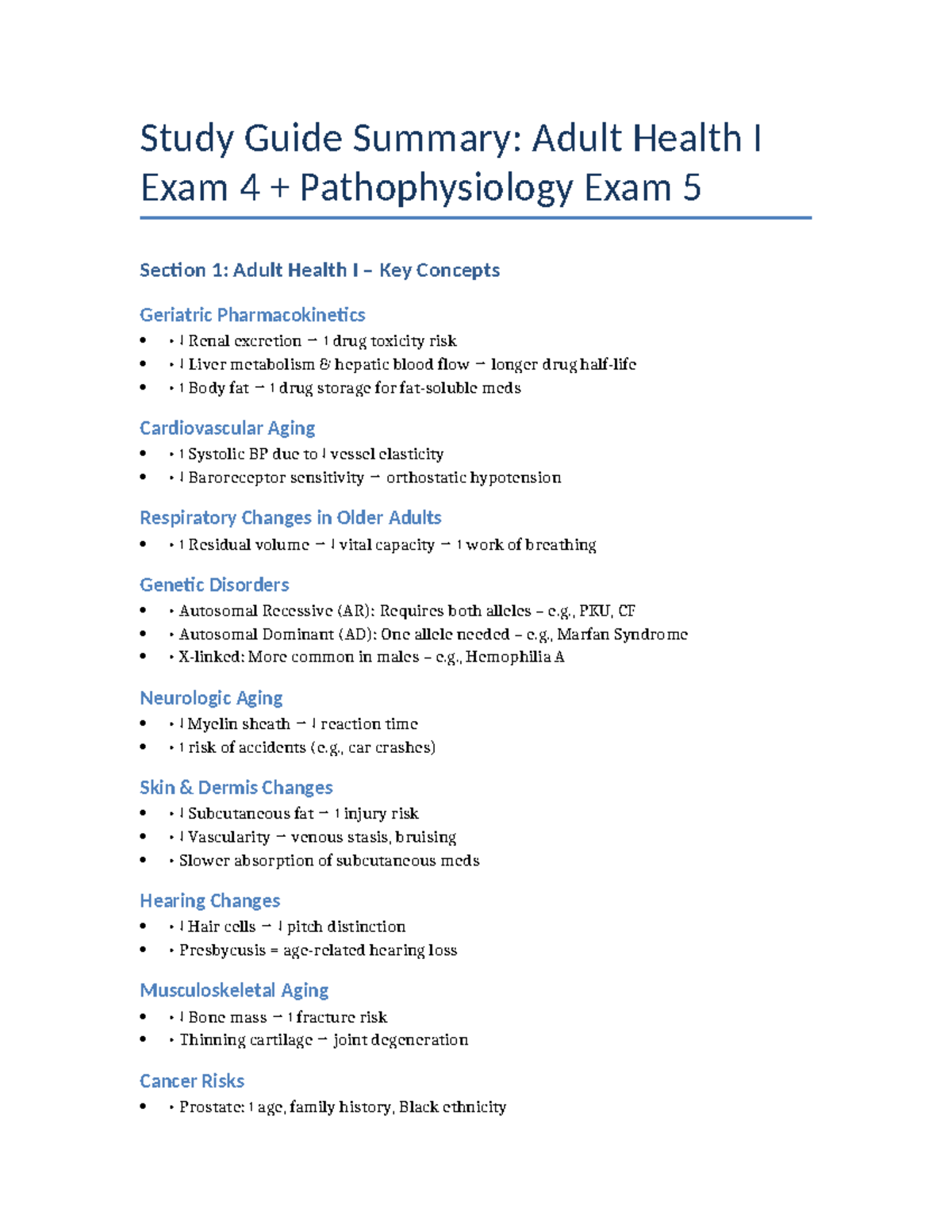 Adult Health I Exam 4 & Pathophysiology Study Guide Summary - Studocu