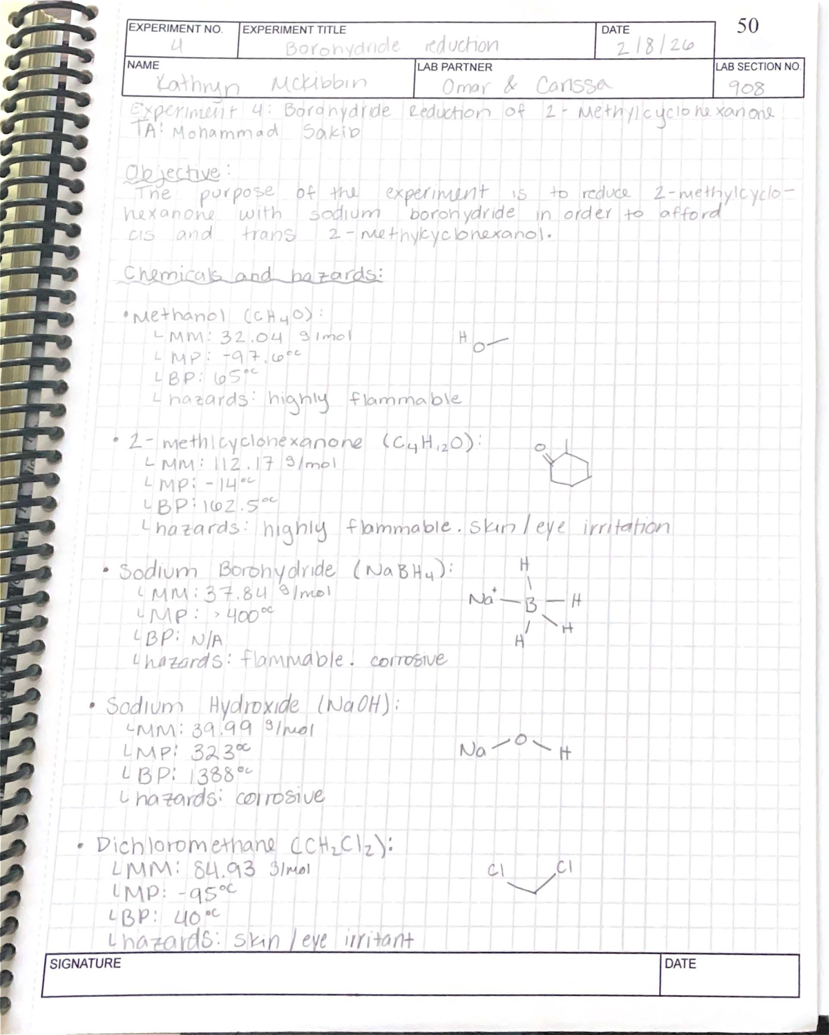 Borohydride Reduction Prelab (CHEM 50) - Experiment 4 Overview - Studocu