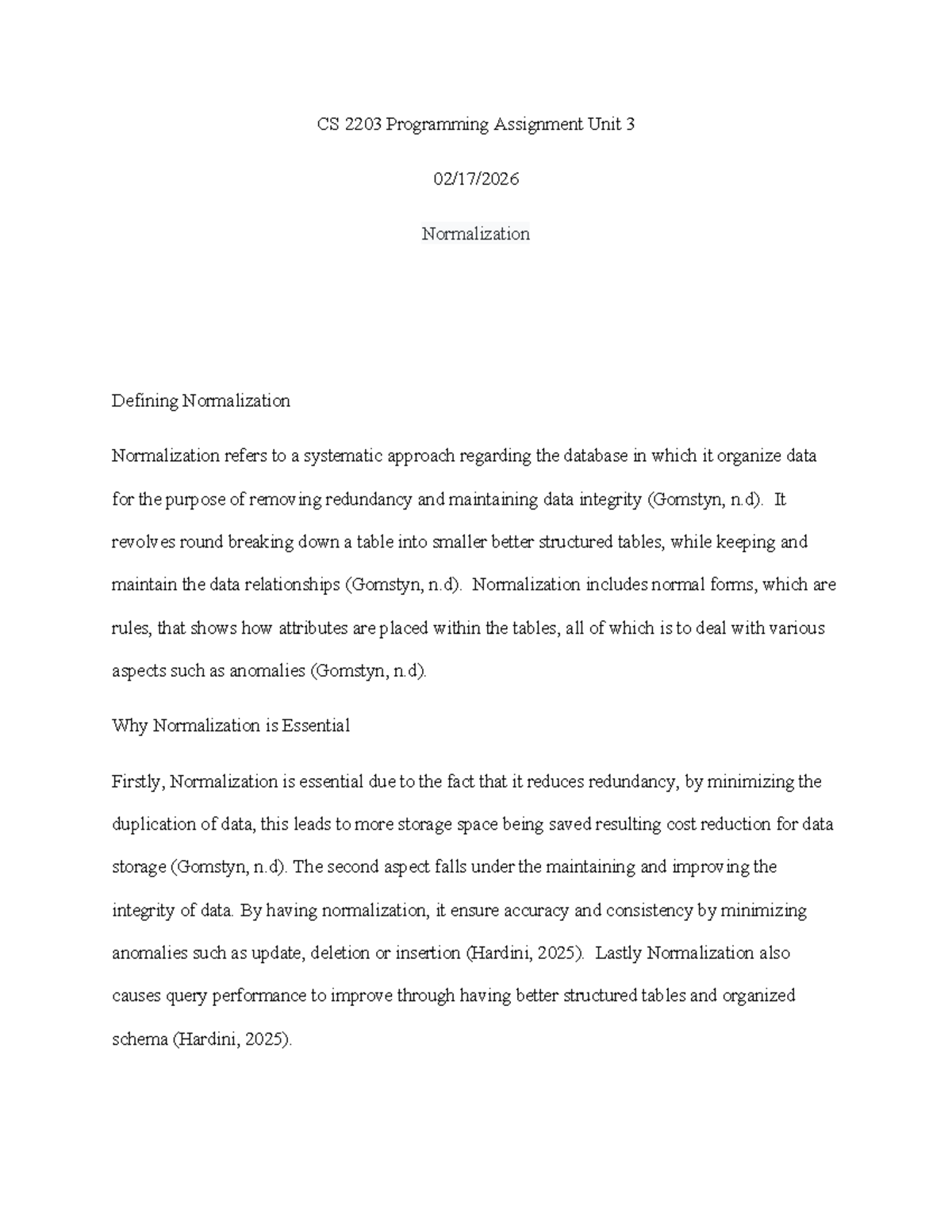 CS 2203 Programming Assignment Unit 3: Understanding Normalization ...