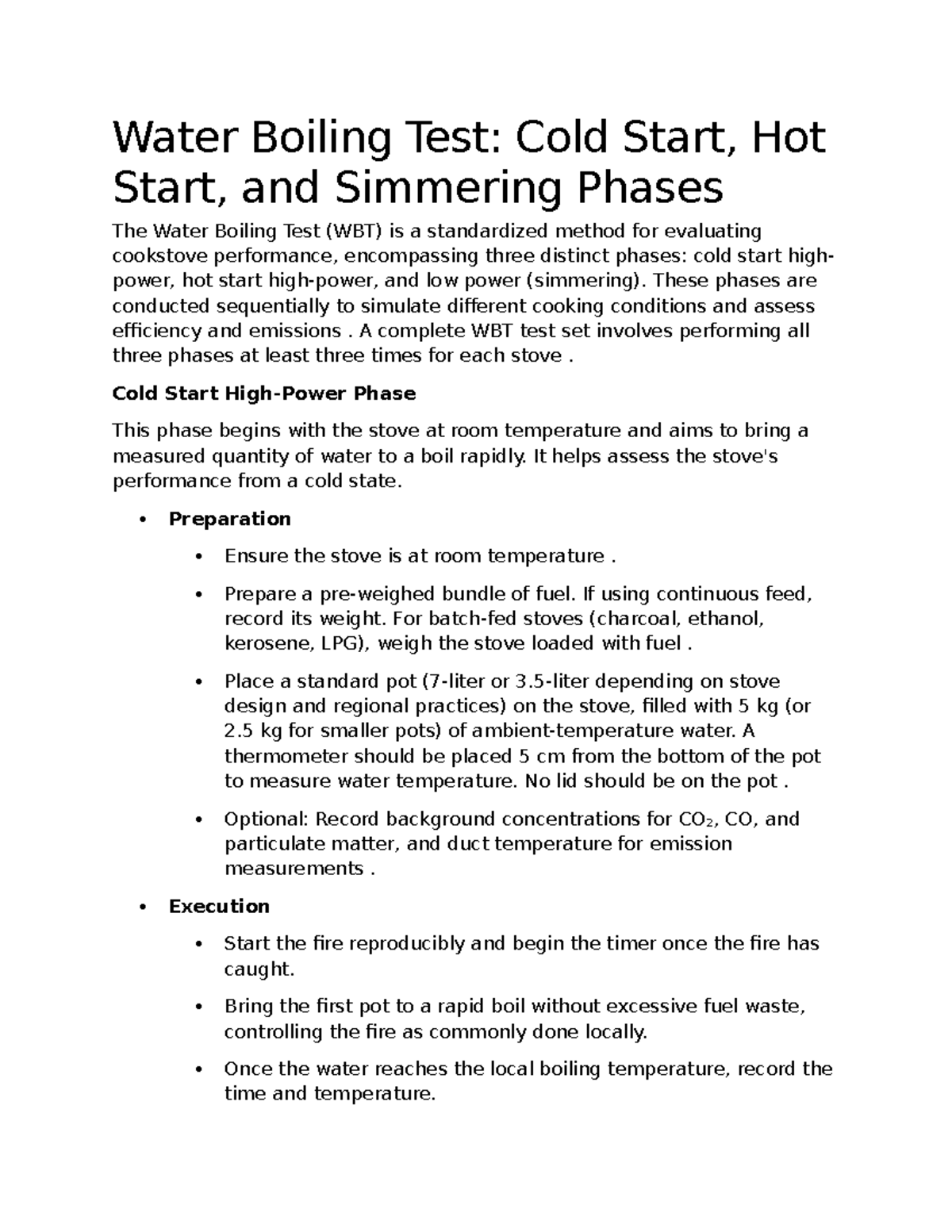 Water Boiling Test (WBT): Cold Start, Hot Start & Emission Factors - Document Preview