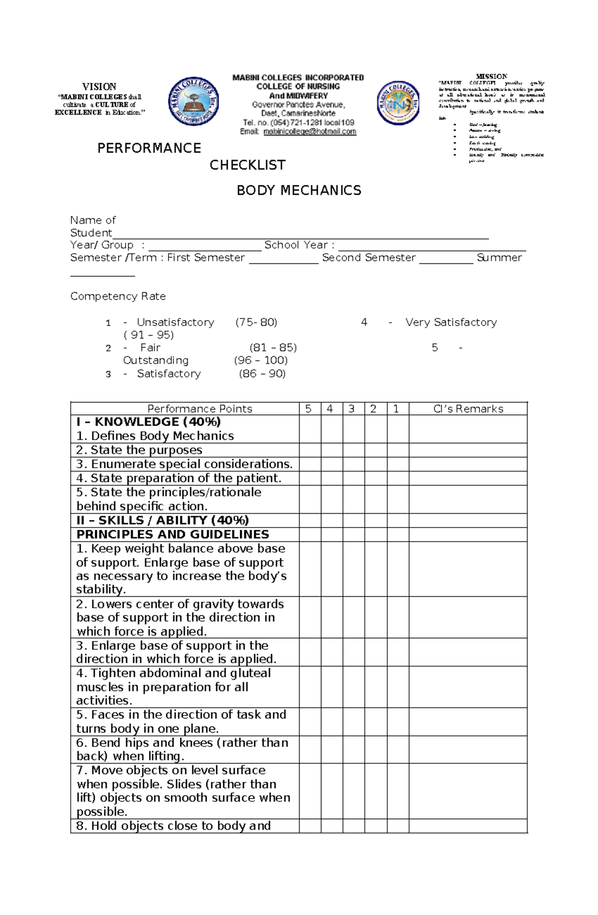BODY MECHANICS Checklist for Performance Evaluation - Studocu