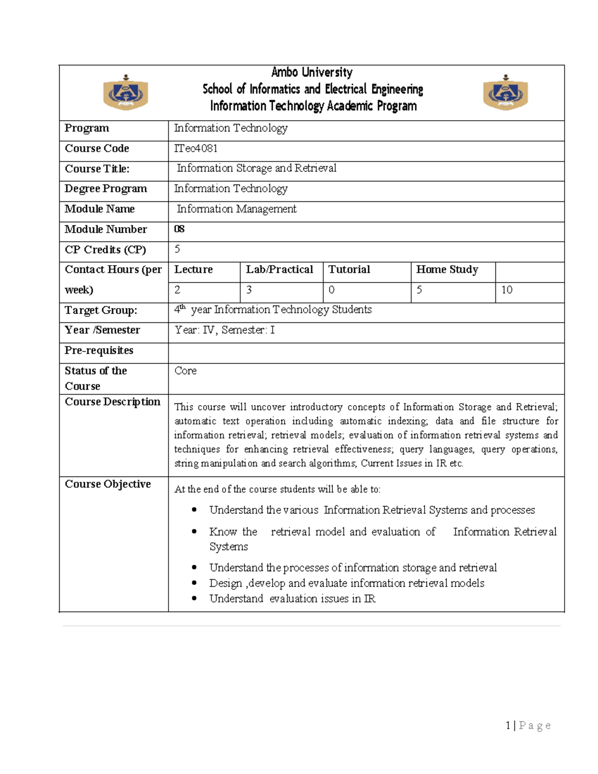 IR curricula - course description - 1 | P a g e Ambo University School ...