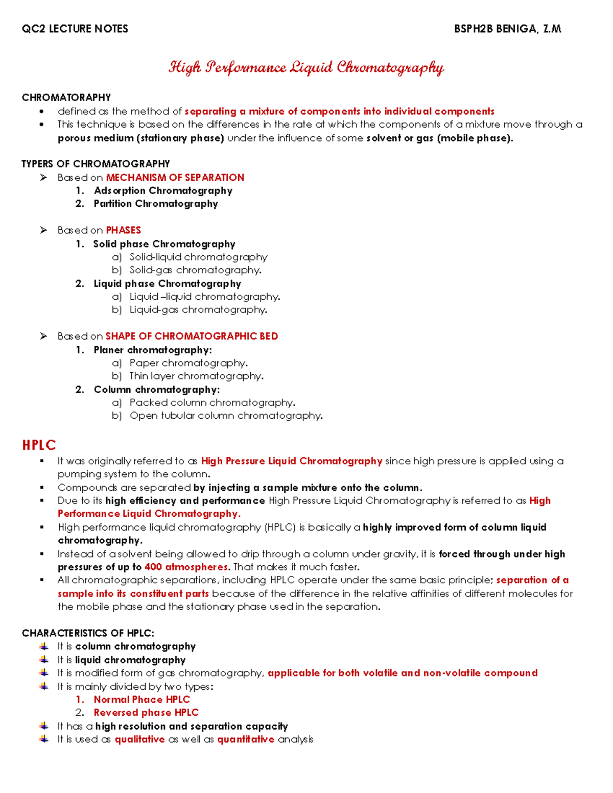 QC2 LECTURE NOTES BSPH2B: High Performance Liquid Chromatography ...