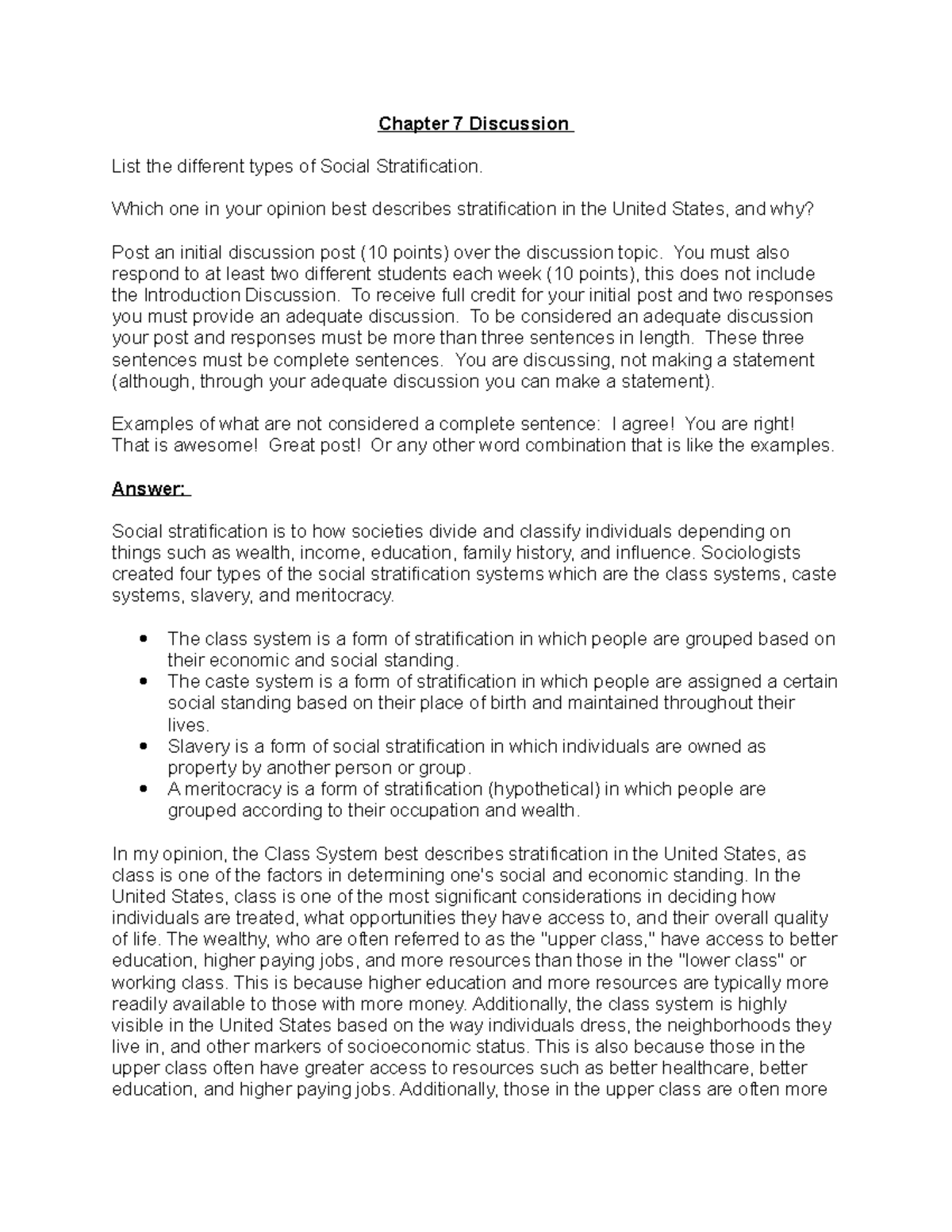 SOC 101: Chapter 7 Discussion on Social Stratification Types - Studocu