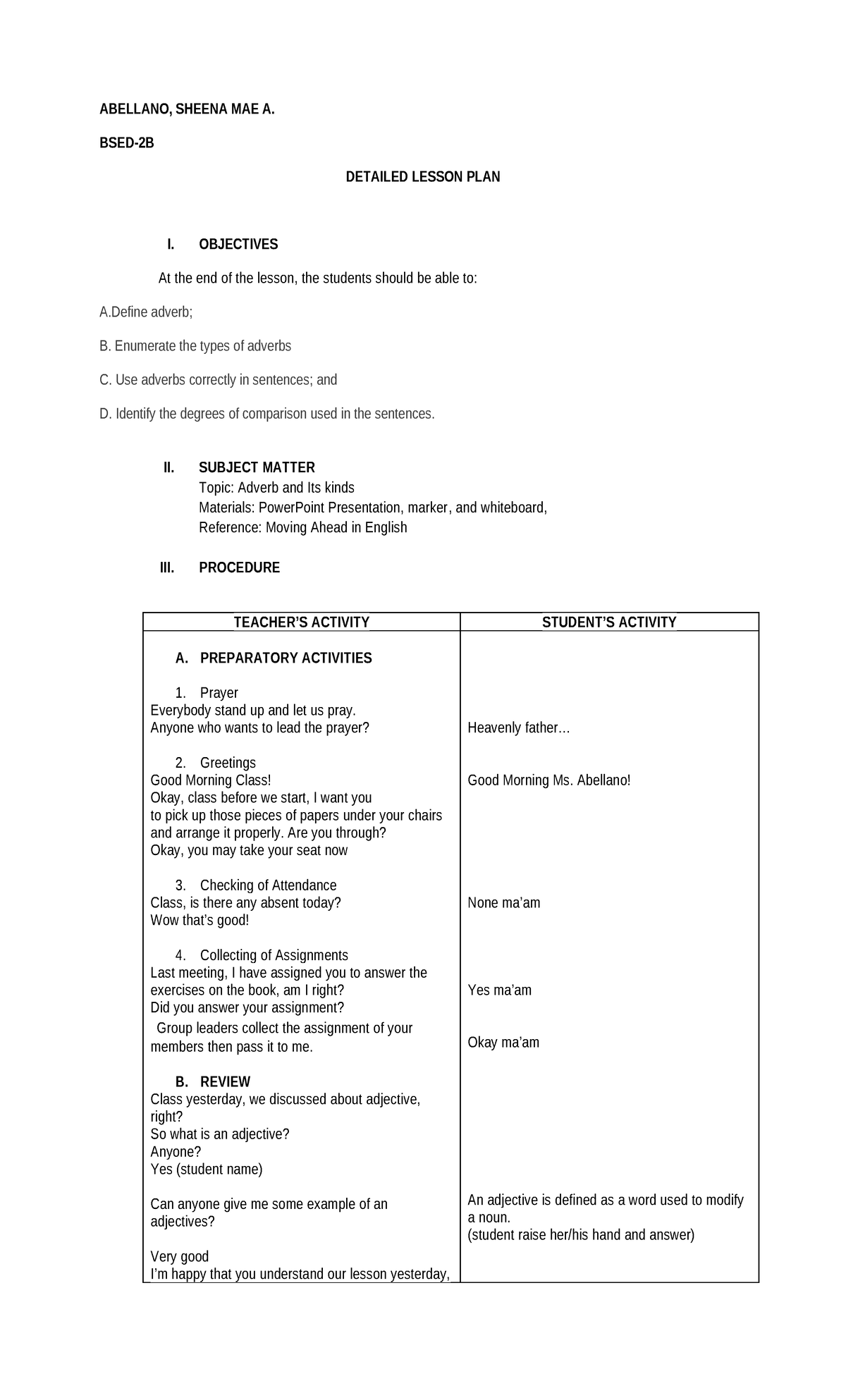 Adverbs detailedlessonplan sheena - ABELLANO, SHEENA MAE A. BSED-2B ...