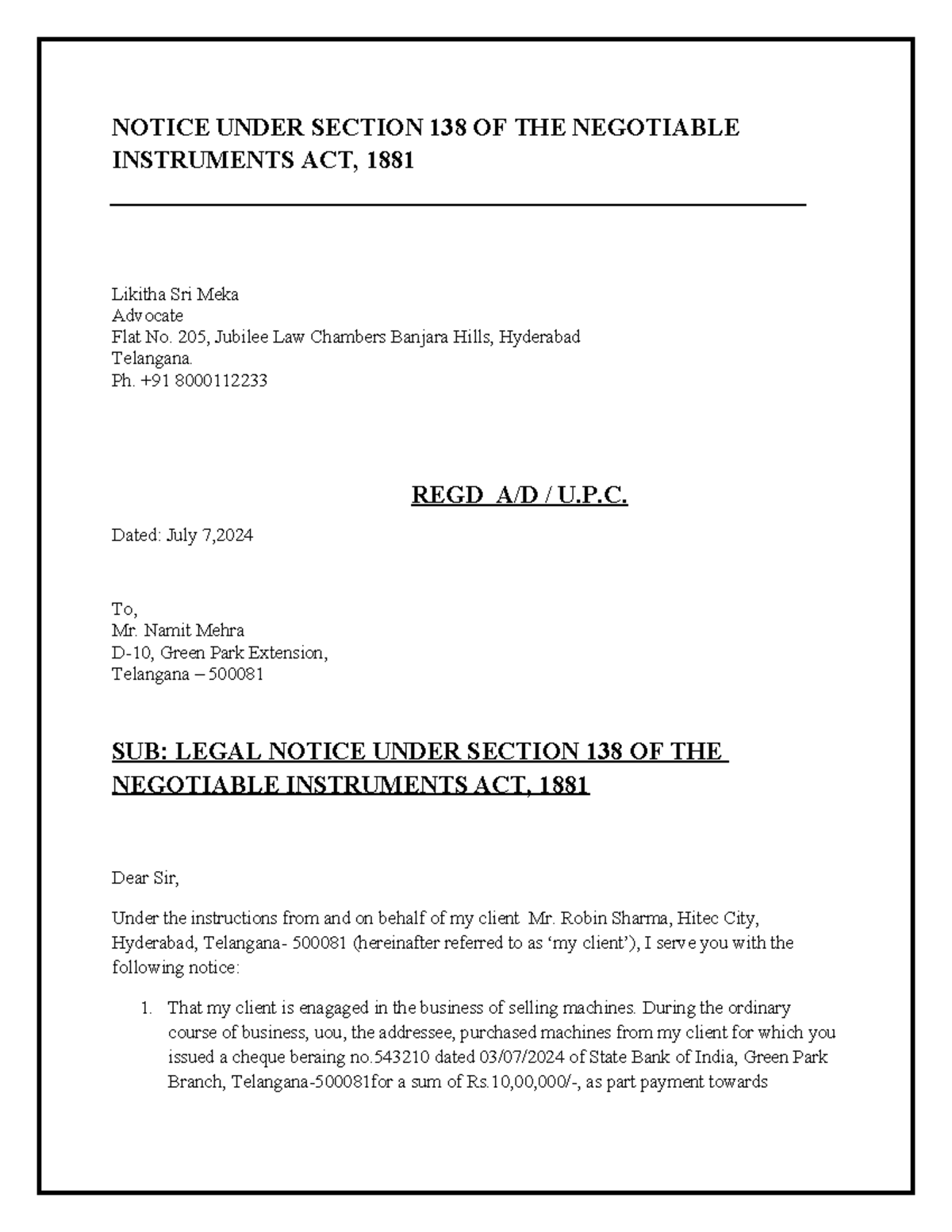 Legal Notice Under Sec 138 of The Negotiable Instruments Act - Studocu