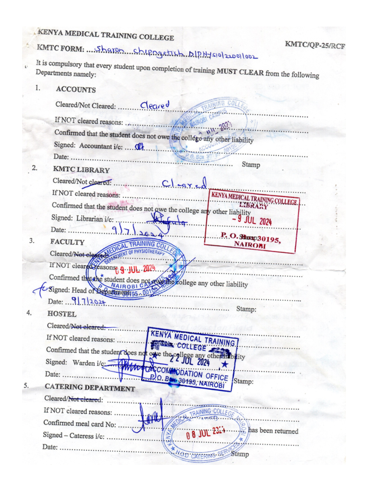 KMTC Clearance Form for Sharon Chipngetich - DIPHY Program - Studocu