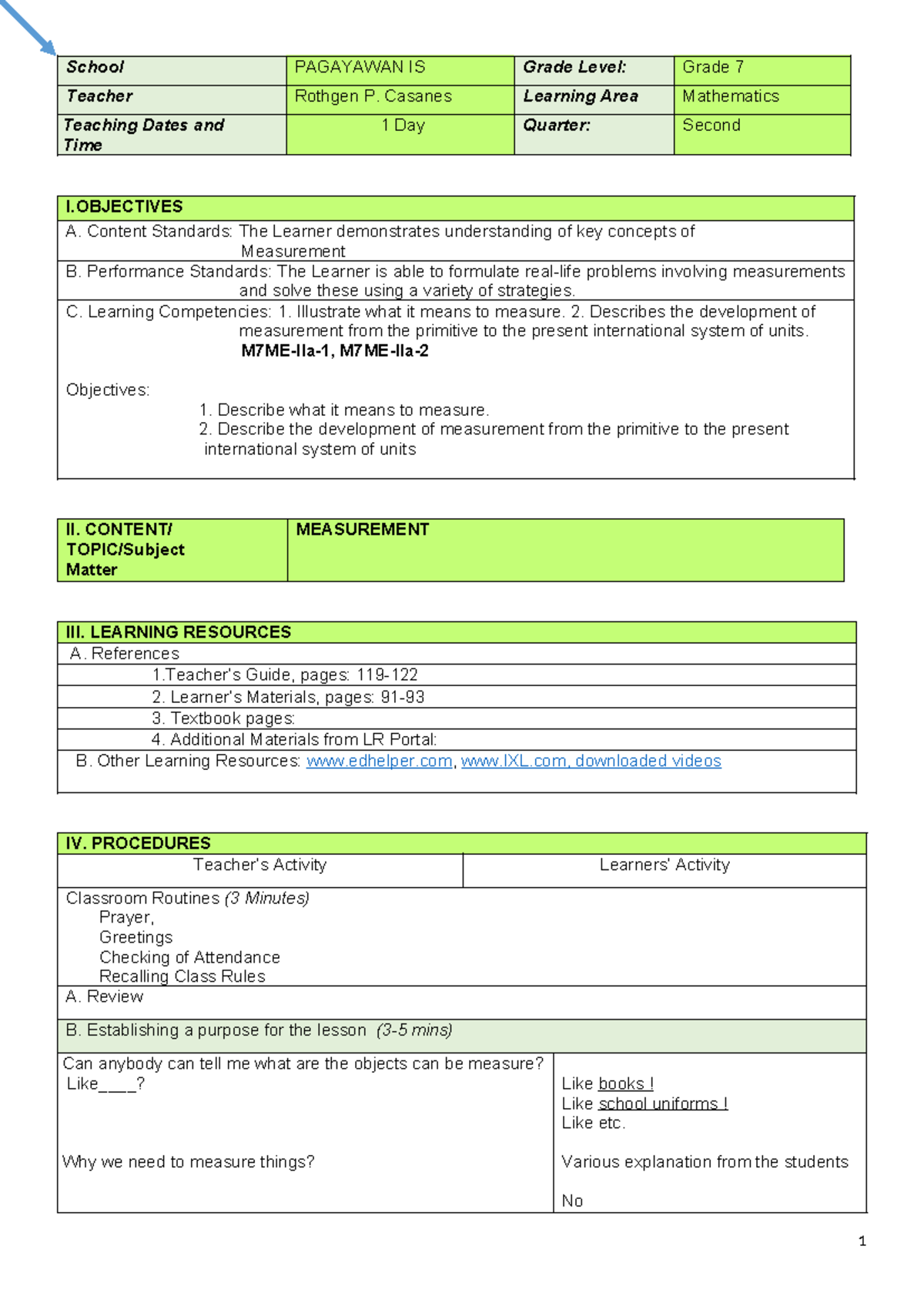 Grade 7 Math DLPs - Lesson for Mathematics - School PAGAYAWAN IS Grade ...
