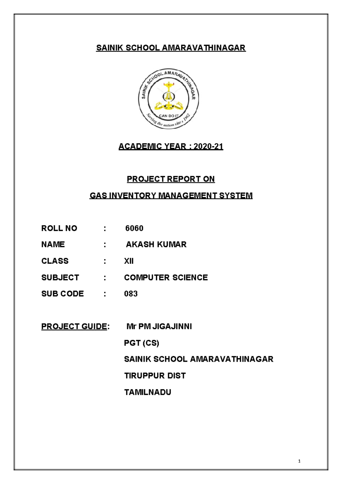 Project Report on Gas Inventory Management System (Class XII, CS 083 ...