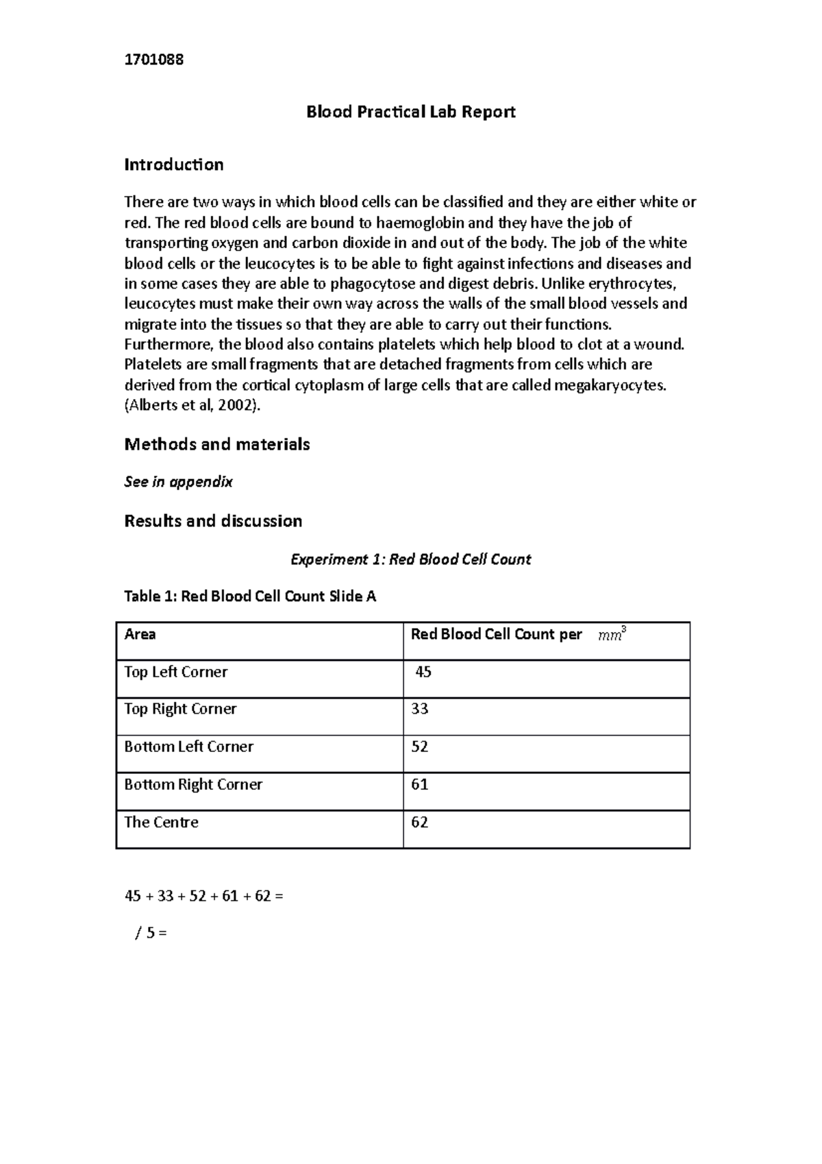 Blood Practical Lab Report - Analysis of Red and White Cells - Studocu