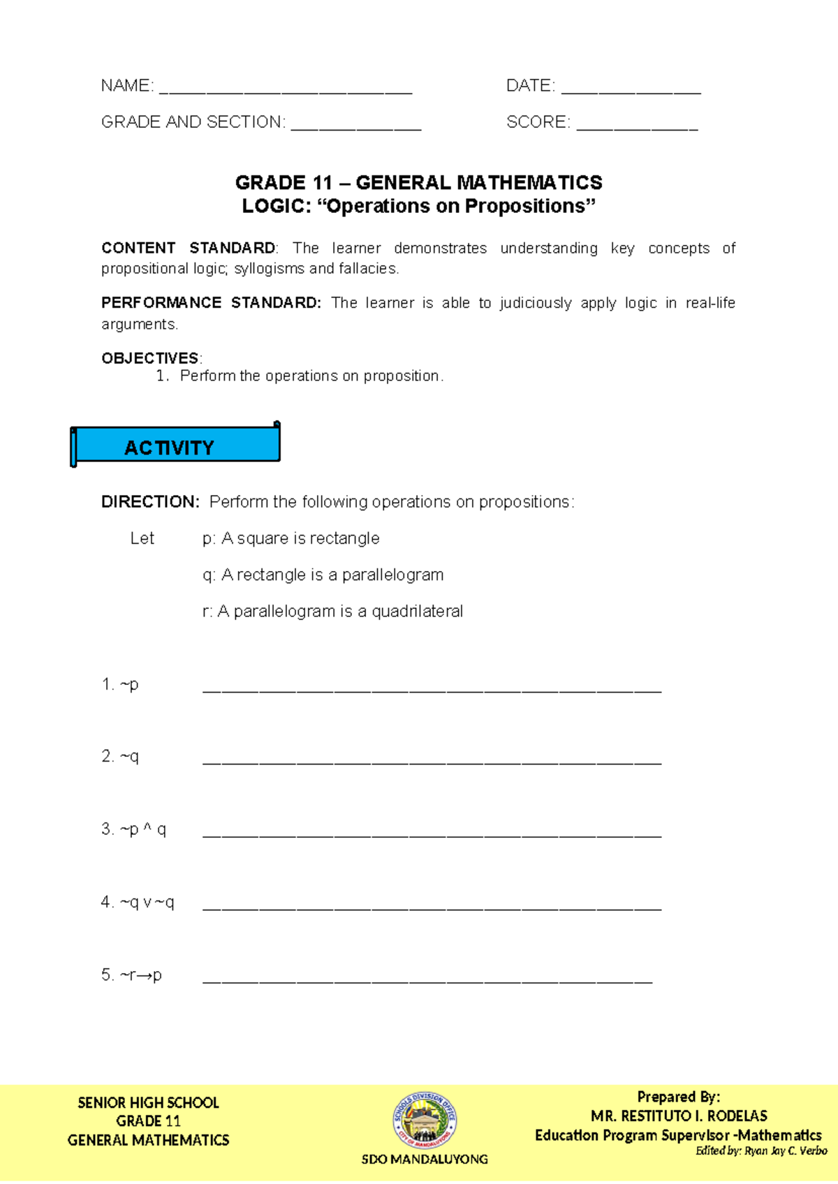 Grade 11 General Math: Logic Operations on Propositions Activity - Studocu