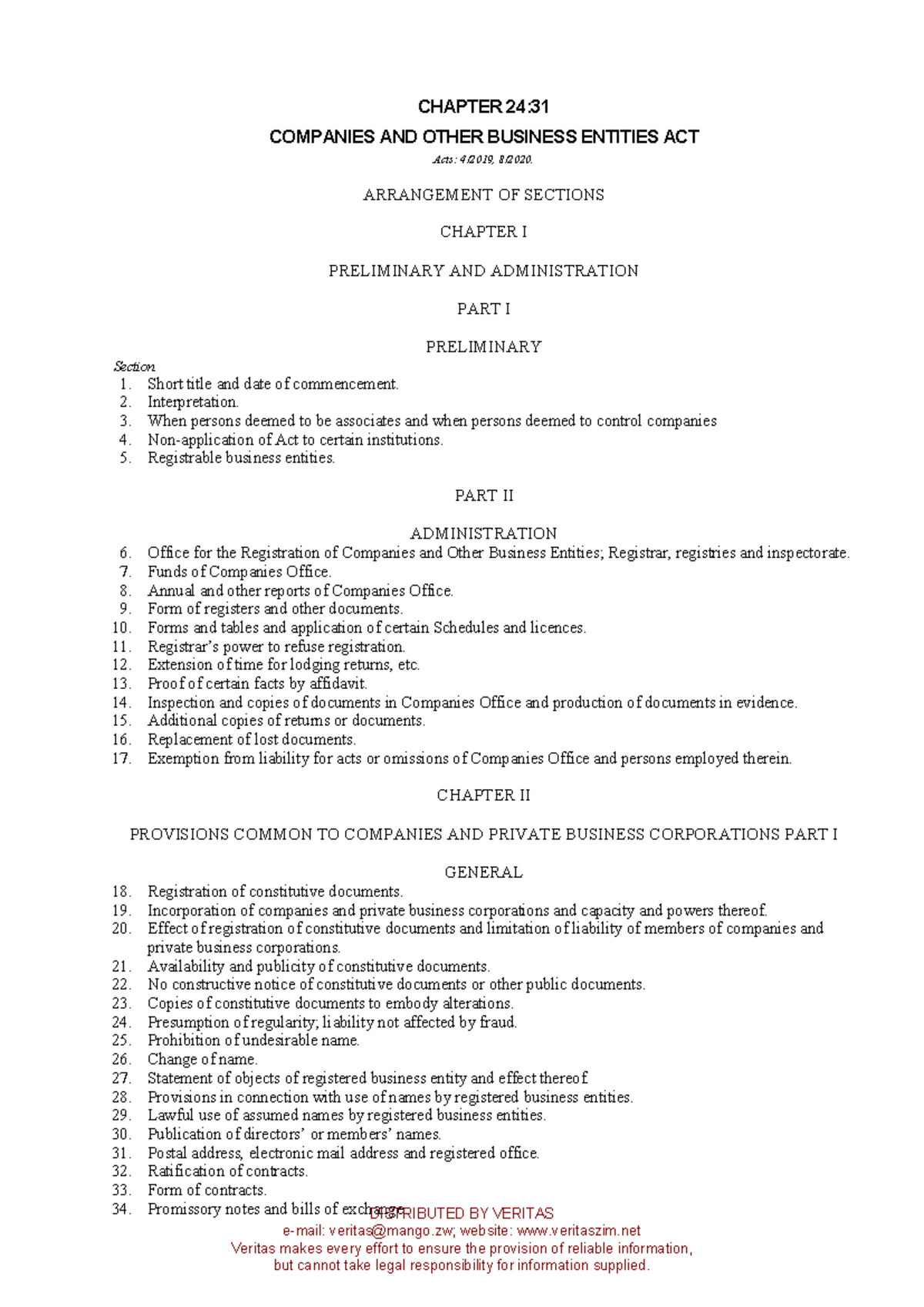 Companies & Other Business Entities Act: Chapter 24:31 Overview - Studocu