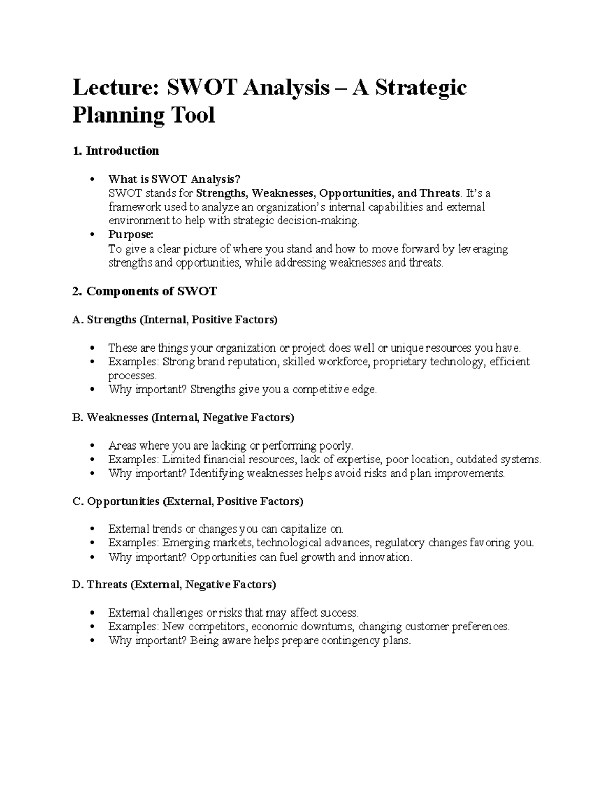 Lecture: SWOT Analysis Overview and Strategic Insights - Studocu