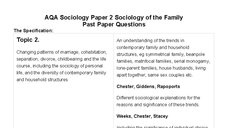 AQA Sociology Paper 2: Family Trends Past Paper Questions - Studocu