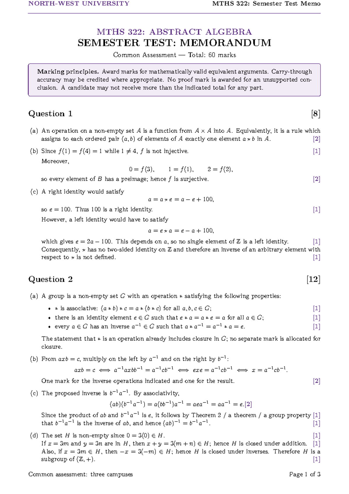 MTHS 322: Abstract Algebra Semester Test Memo - Studocu